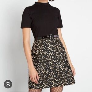 ModCloth Black & Gold Stars A Leading Delight Mock Neck Dress With Belt NWOT S